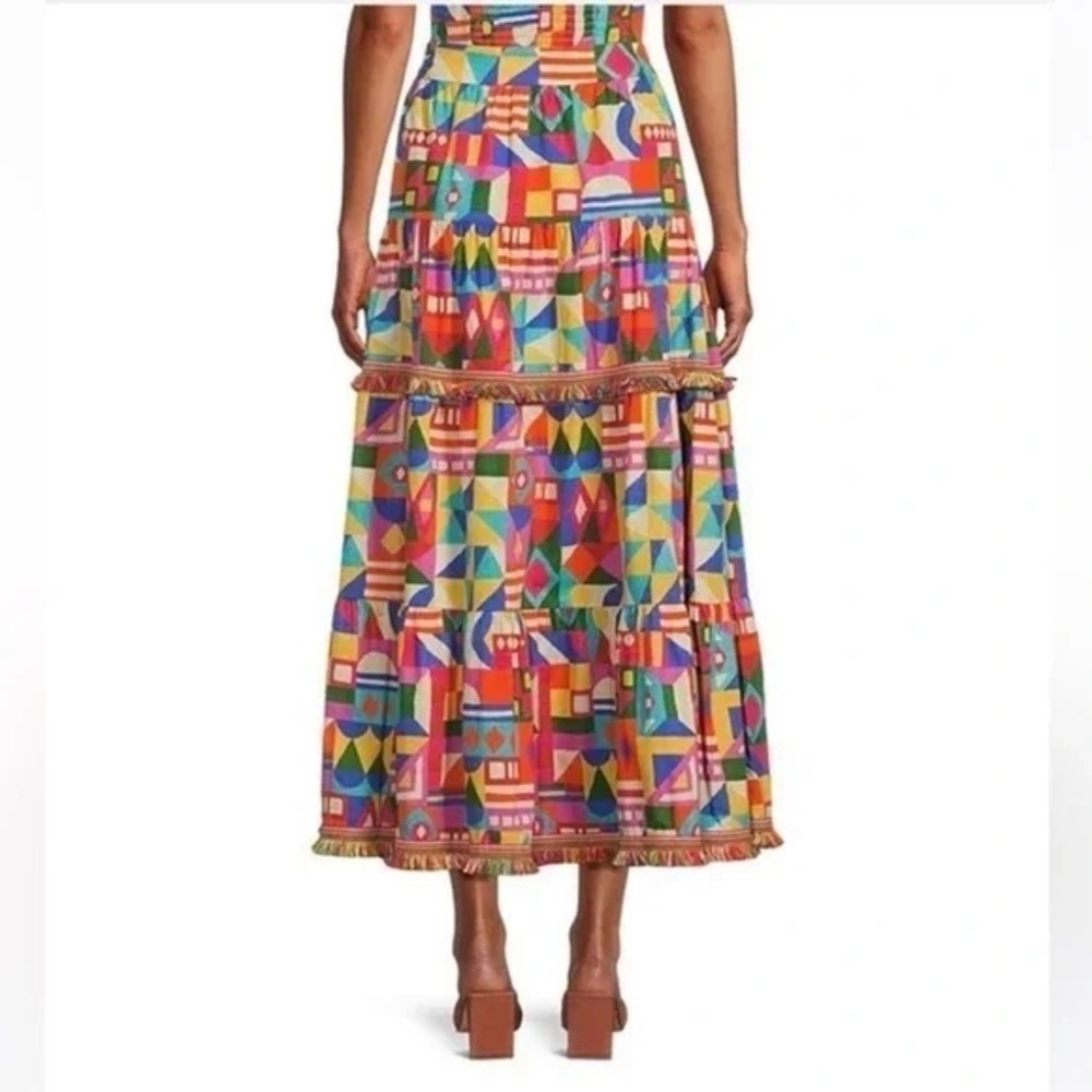 ANTONIO MELANI Giuliana Geometric Print Fringe Hem Cotton A-Line Skirt Size 0 - Picture 3 of 9